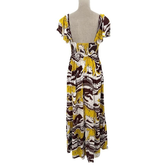 Anthropologie Short Sleeve Ruffled Smocked Maxi Dress Brown Panther Print Small - Picture 9 of 11